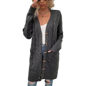 🆕Disi Womens grey Cardigan Long Sleeves Cable Knit Open Front Loose Sweaters
